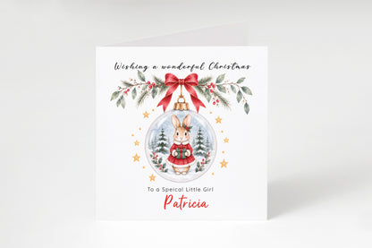 Personalised Christmas card for Girls – Red Bunny in a Christmas Bauble