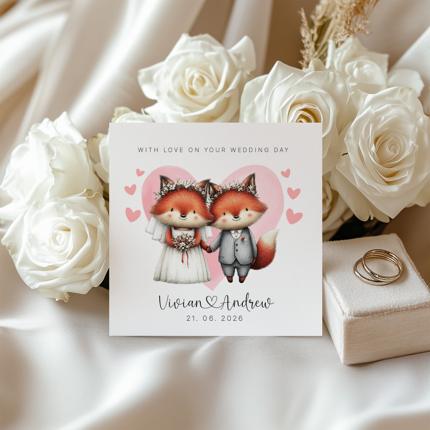 Personalised Wedding Card with Custom Couple's Names & Wedding Date – Cute Fox Design - Wedding Congratulations Card for Newlywed couples, Animal Lovers, Him or Her - Pink Envelope Included