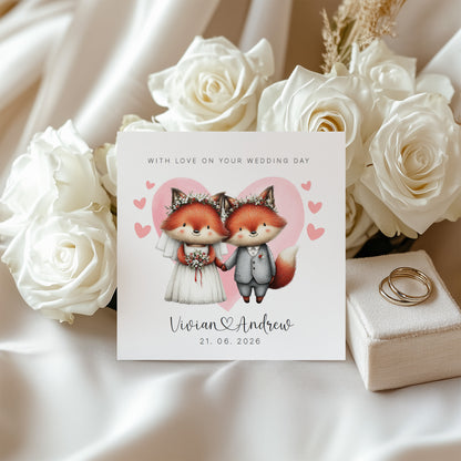 Personalised Wedding Card with Custom Couple's Names & Wedding Date – Cute Fox Design - Wedding Congratulations Card for Newlywed couples, Animal Lovers, Him or Her - Pink Envelope Included