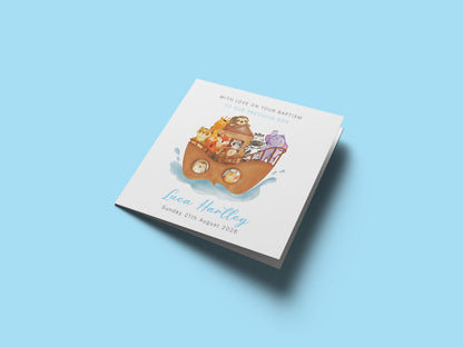Personalised Christening Card for Boy – Custom Baptism Card with Message, Name & Date - Noah's Ark and Cute Animals Design – Baptism Card for Boys, Son, Grandson, Nephew with Blue Envelope