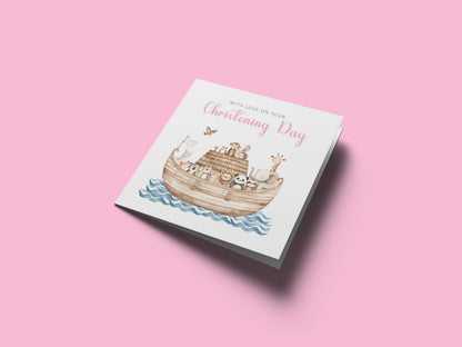Christening Card for Girl – Noah's Ark and Cute Animals Design – With Love on Your Christening Day -  Religious Baptism Card for Girls, Daughter, Granddaughter, Niece with Pink Envelope