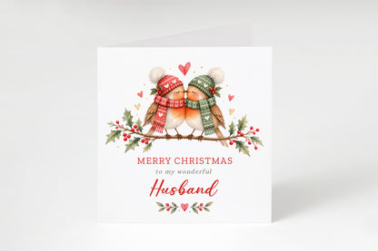 Cute Robin Couple Christmas Card for Husband – Merry Christmas My Wonderful Husband