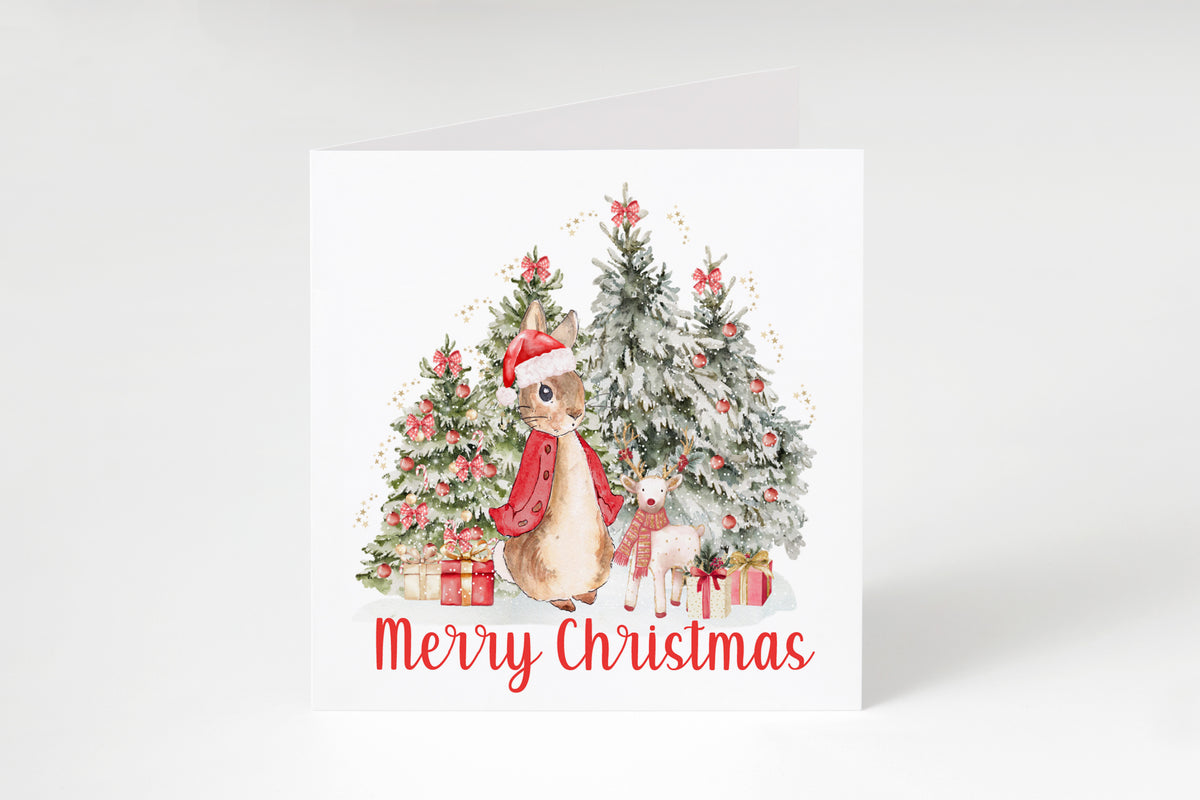 Happy Christmas Card for Girls – Red Rabbit and Christmas Trees