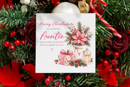 Christmas Card for Auntie – Pink Poinsettia & Festive Floral Design