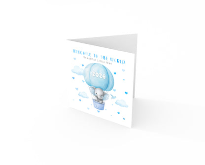 2026 New Baby Boy Card Congratulations for Newborn Son, Grandson, Nephew, Little One - Welcome To The World, Baby Shower Card - Elephant in a Hot Air Balloon Design  - Blue Envelope Included