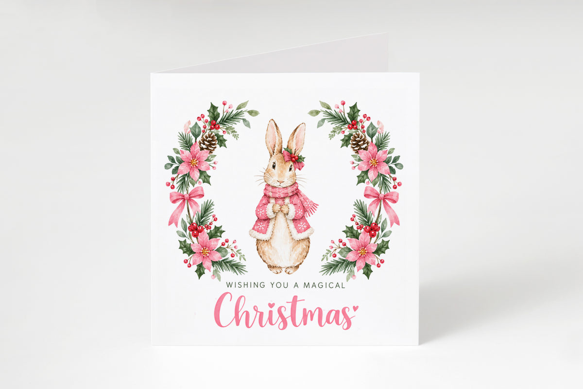 Merry Christmas Card for Girls – Pink Festive Bunny and Xmas Wreath