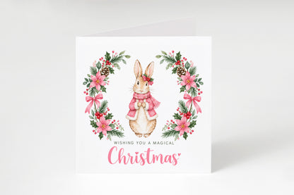 Merry Christmas Card for Girls – Pink Festive Bunny and Xmas Wreath