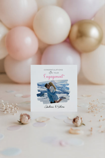 Personalised Photo Engagement Card – Custom Photo & Couple's Names - Brushstroke Photo Frame Design - Congratulations Engagement Card for Newly Engaged Couples - Pink Envelope Included