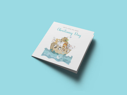 Christening Card for Boy or Girl – Noah’s Ark Design – With Love on Your Christening Day -  Religious Baptism Card for Son, Daughter, Grandson, Granddaughter, Nephew, Niece with Blue Envelope