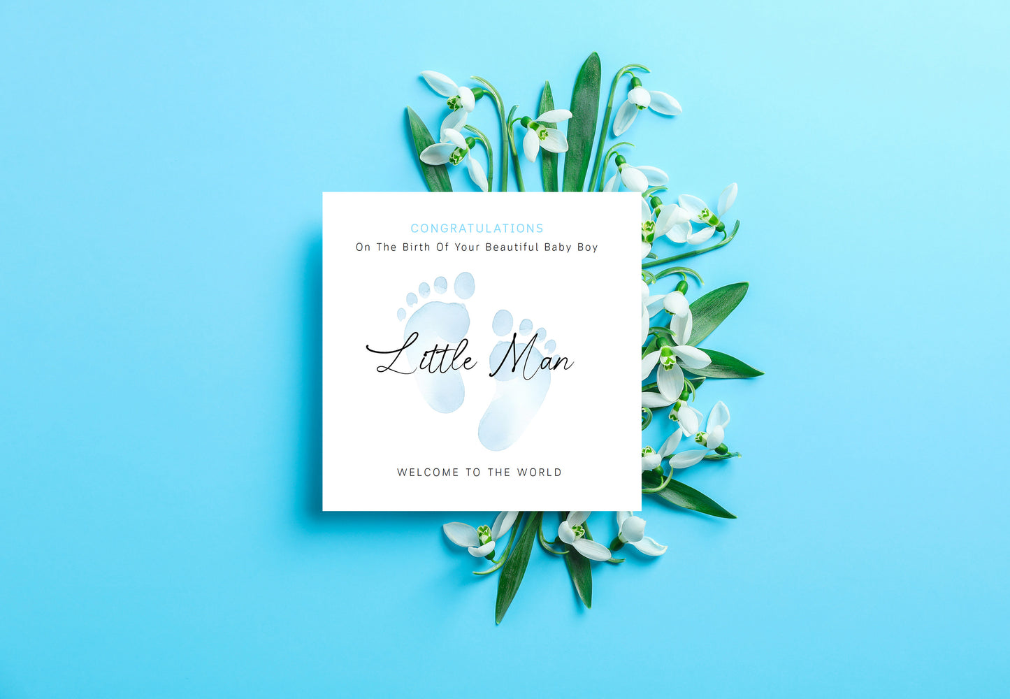 New Baby Boy Card Congratulations for Newborn Boy, Welcome To The World Card, Baby Shower for Son, Grandson, Nephew, Little One - Baby Feet Design - Blue Envelope Included