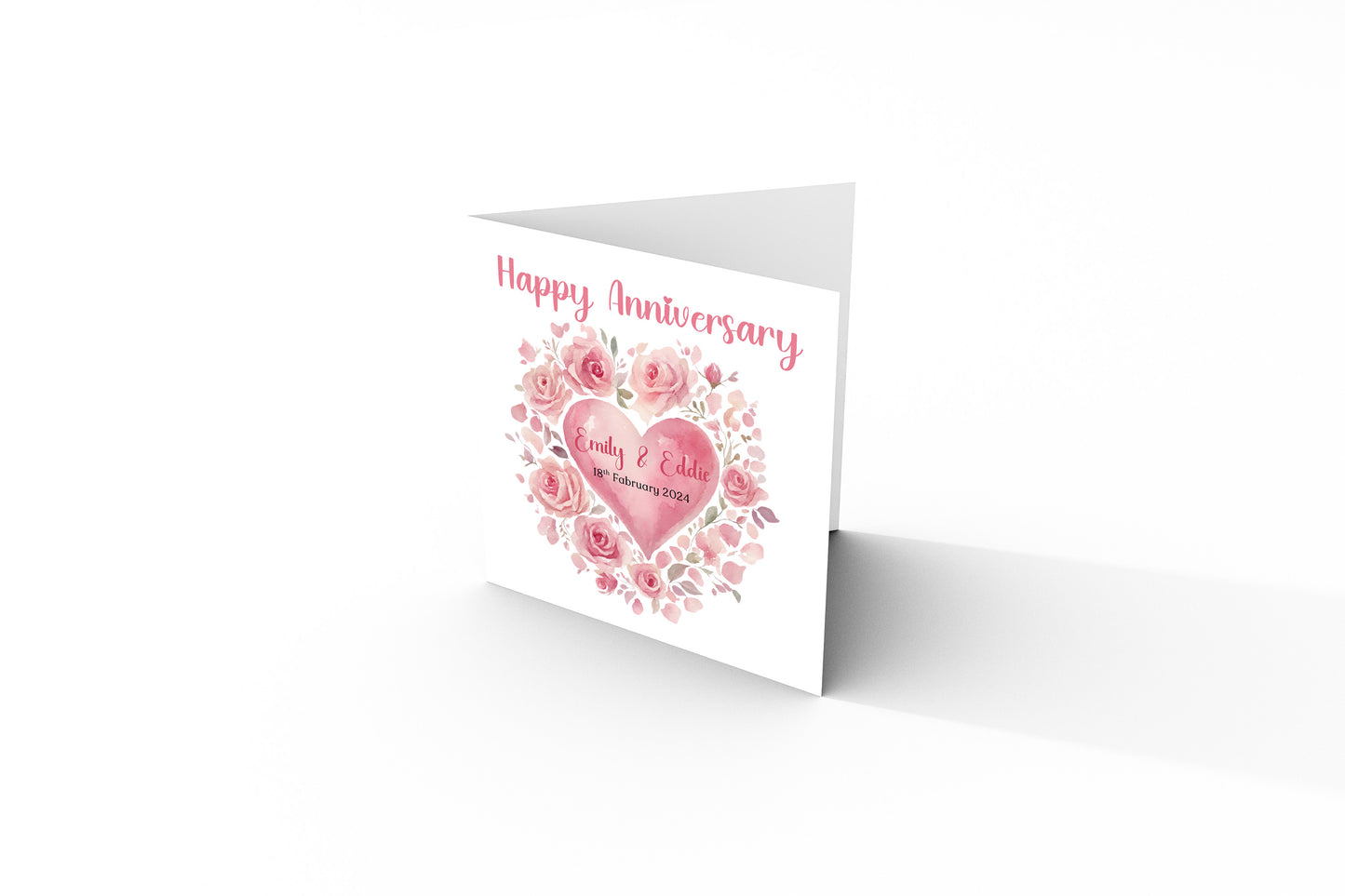 Personalized Anniversary Card – Romantic Floral Heart Design with Customised Names and Date– for Couples, Husband, Wife, Relationship, Engagement, 1st Date – Pink Envelope Included
