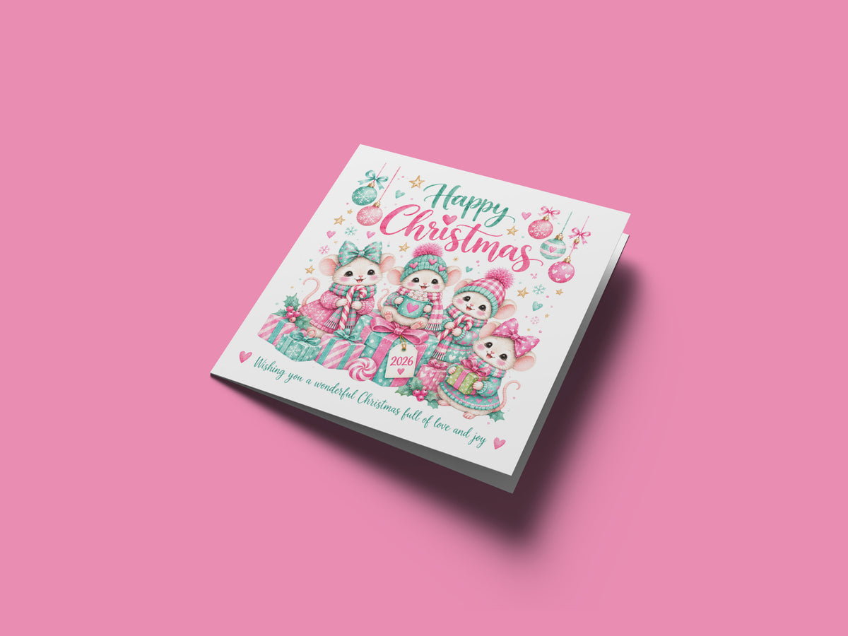Cute Christmas Card for Girls – Christmas Mice with Pink & Mint Festive Design
