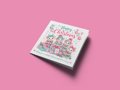 Cute Christmas Card for Girls – Christmas Mice with Pink & Mint Festive Design