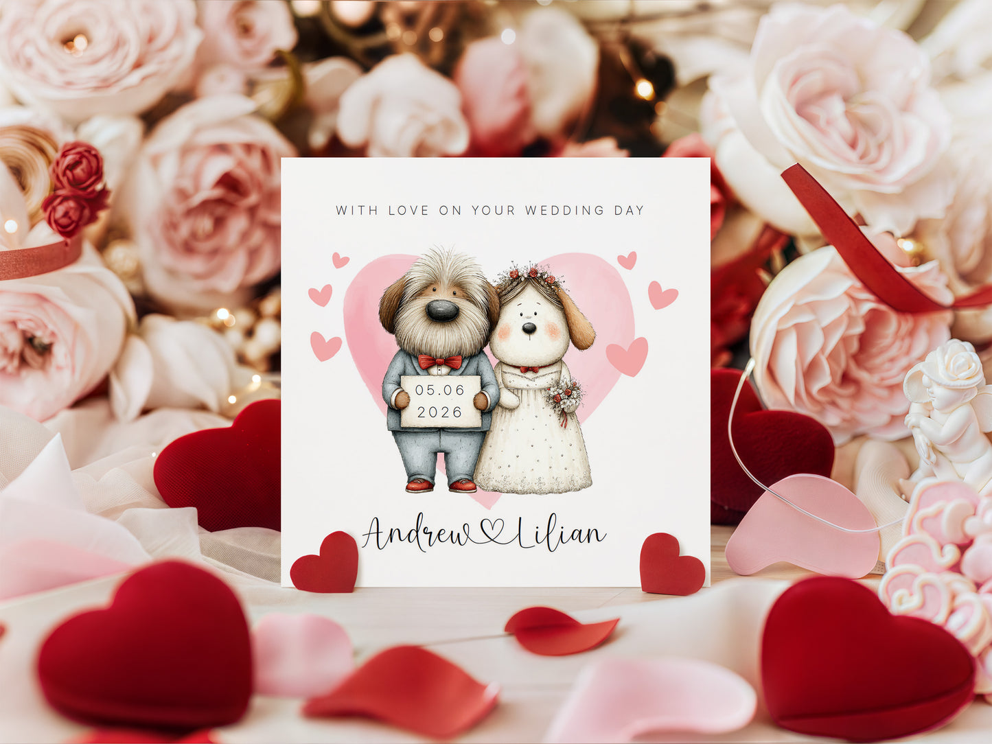 Personalised Wedding Card – Custom Couple's Names & Wedding Date – Cute Dogs Design - Wedding Congratulations Card for Newlywed couples, Dog Lovers, Him or Her - Pink Envelope Included