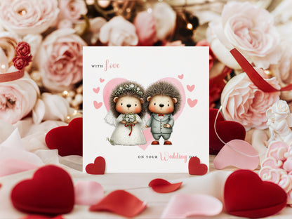 Cute Hedgehog Wedding Card – Wedding Congratulations Card – Adorable Animal Wedding Card – Romantic Wedding Day Card for Newlywed couples, Animal Lovers, Him or Her – Pink Envelope Included