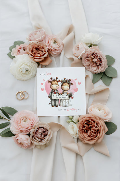 Personalised Wedding Card with Custom Couple's Names & Wedding Date – Cute Giraffe Design - Wedding Congratulations Card for Newlywed couples, Animal Lovers, Him or Her - Pink Envelope Included
