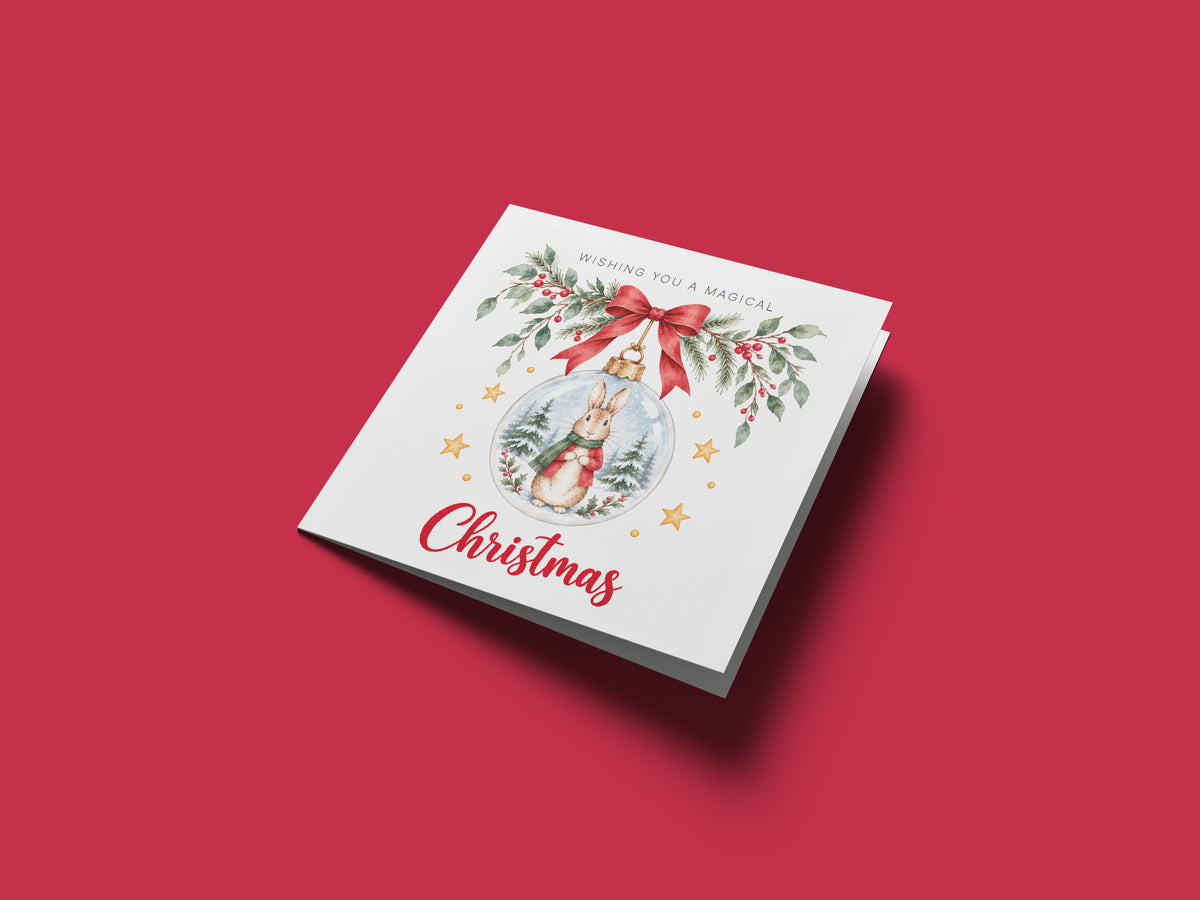 Festive Christmas card for Boys – Red Bunny in a Christmas Bauble