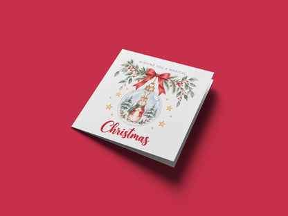 Festive Christmas card for Boys – Red Bunny in a Christmas Bauble