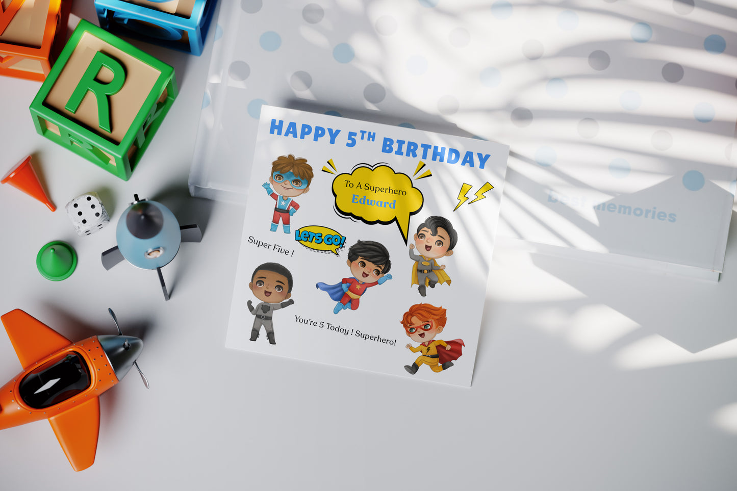 Personalised Superhero 5th Birthday Card for Boys – Superheros Design with Custom Name for Age 5 Years Old, Fifth Birthday Kids, Little Birthday Hero, Son, Grandson, Nephew –  Blue Envelope Included