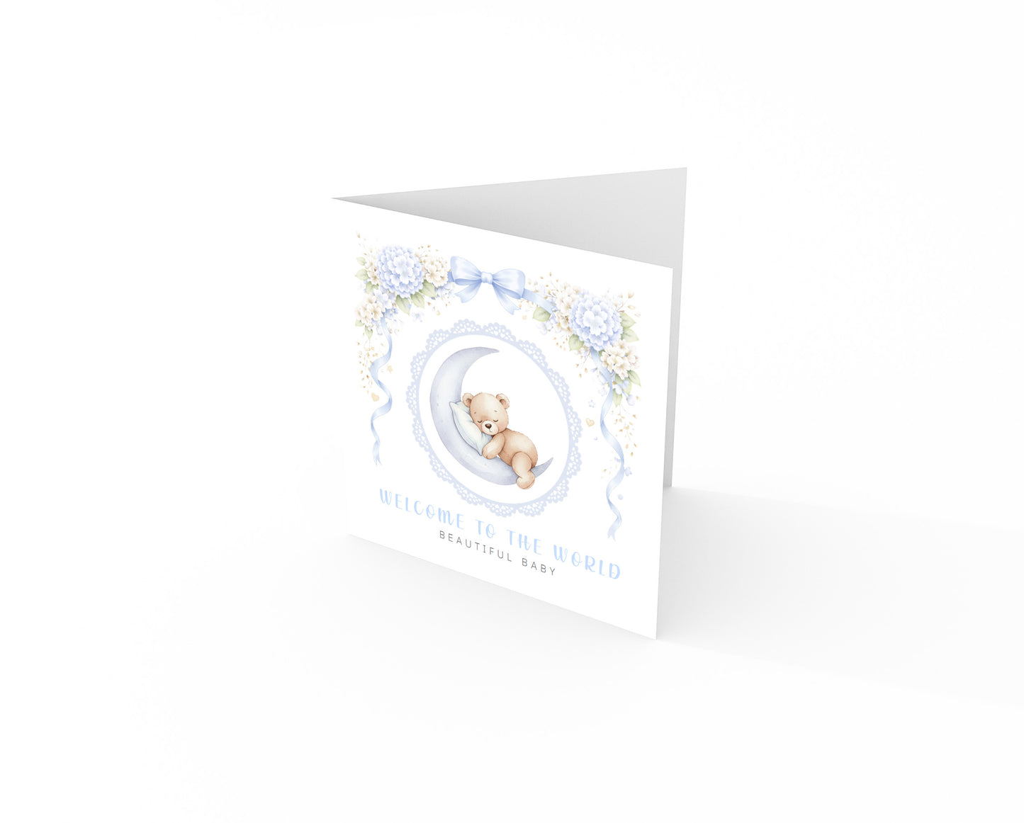 New Baby Boy Card Congratulations for Newborn Son, Grandson, Nephew, Little One, Welcome To The World, Baby Shower Card - Cute Teddy Bear on a Moon Design  - Blue Envelope Included