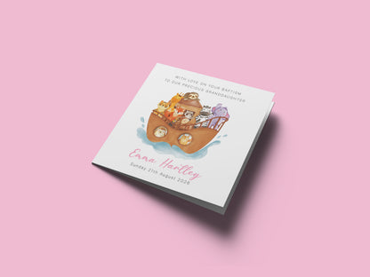 Personalised Christening Card for Girl – Custom Baptism Card with Message, Name & Date - Noah’s Ark Design – Religious Baptism Card for Girls, Daughter, Granddaughter, Niece with Pink Envelope