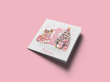 Personalised Baby Girl's 1st Christmas Card – Reindeer & Penguin Christmas Card