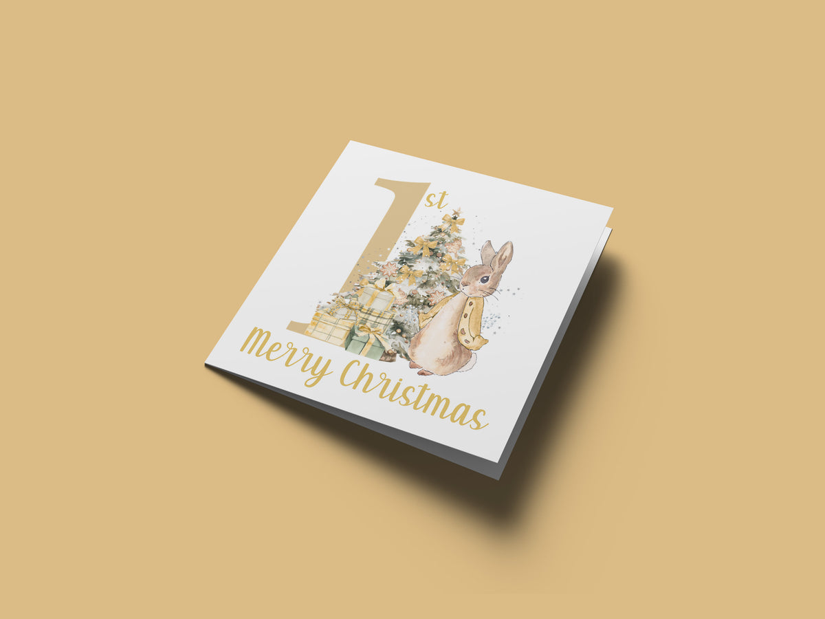 Happy 1st Christmas Card for Baby Boy or Baby Girl – Golden Rabbit and Christmas Trees