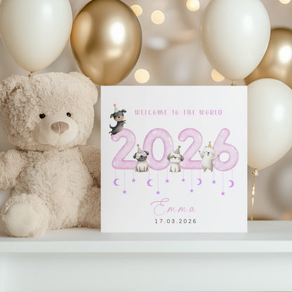 Personalised New Baby Girl Card Congratulations for Newborn Girl, Welcome To The World Card for Daughter, Granddaughter, Niece - Cute Puppy Dogs Design with Custom Name and Date with Pink Envelope
