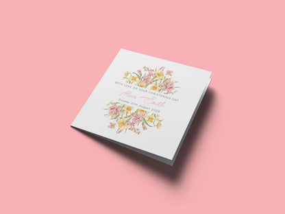 Personalised Christening Card for Girl – Custom Baptism Card with Name & Date - Elegant Pink & Yellow Flower Design – Baptism Card for Girls, Daughter, Granddaughter, Niece - Pink Envelope Included