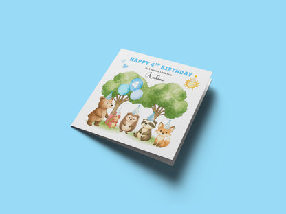Personalised 4 Years Old 4th Birthday Card for Boys– Forest Animal Design with Custom Name & Message - Age 4 Woodland Birthday Card for Kids, Children, Son, Grandson Nephew with Blue Envelope