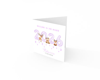 2026 Personalised New Baby Girl Card Congratulations for Newborn Daughter, Granddaughter, Niece, Welcome To The World Card  - Woodland Animals Design with Custom Name and Date with Purple Envelope