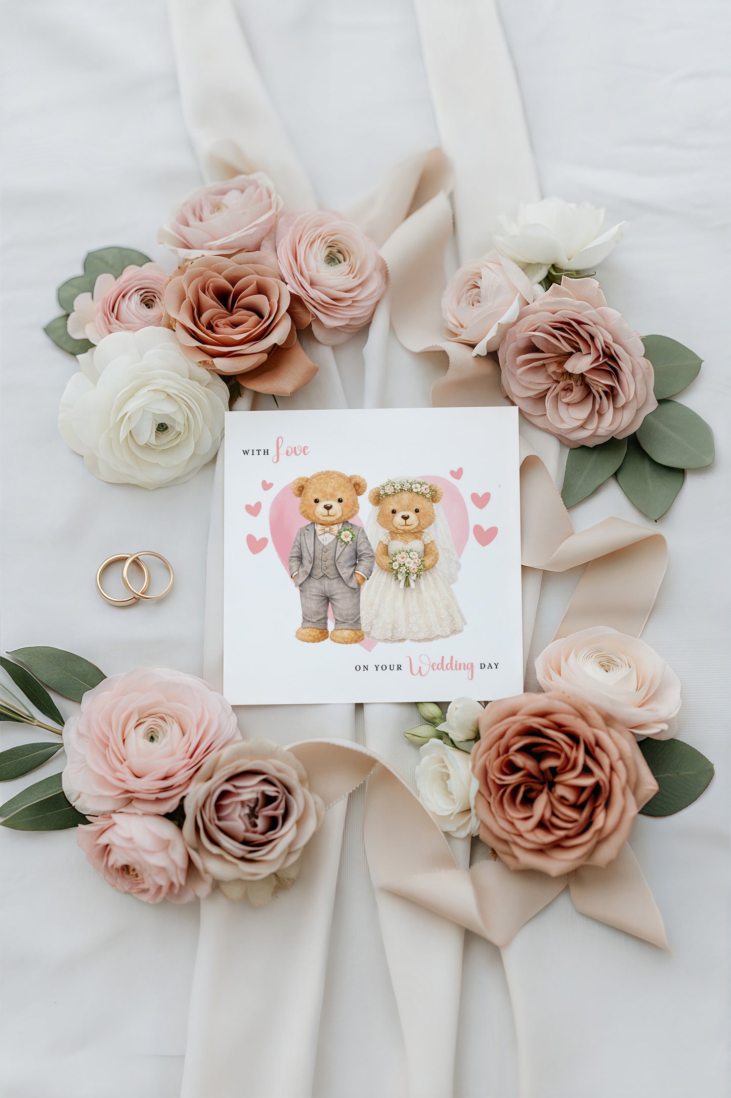 Wedding Card for Bride & Groom with Cute Teddy Bear Design - Wedding Day Congratulations Greeting Keepsake Love Card for Him or Her - Pink Envelope Included