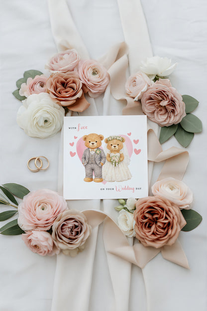 Wedding Card for Bride & Groom with Cute Teddy Bear Design - Wedding Day Congratulations Greeting Keepsake Love Card for Him or Her - Pink Envelope Included