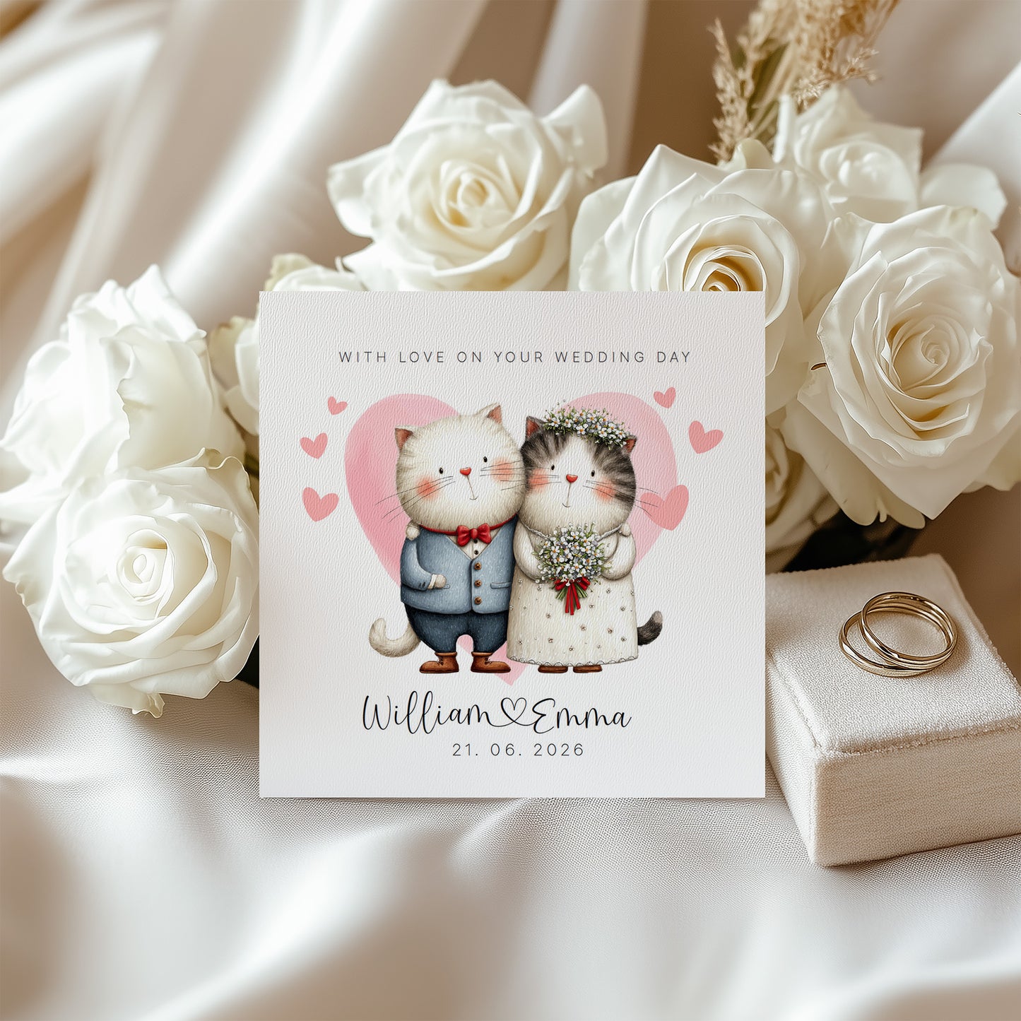 Personalised Wedding Card – Custom Couple's Names & Wedding Date – Cute Cats Design - Wedding Congratulations Card for Newlywed couples, Cat Lovers, Him or Her - Pink Envelope Included