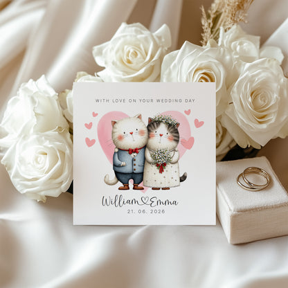 Personalised Wedding Card – Custom Couple's Names & Wedding Date – Cute Cats Design - Wedding Congratulations Card for Newlywed couples, Cat Lovers, Him or Her - Pink Envelope Included