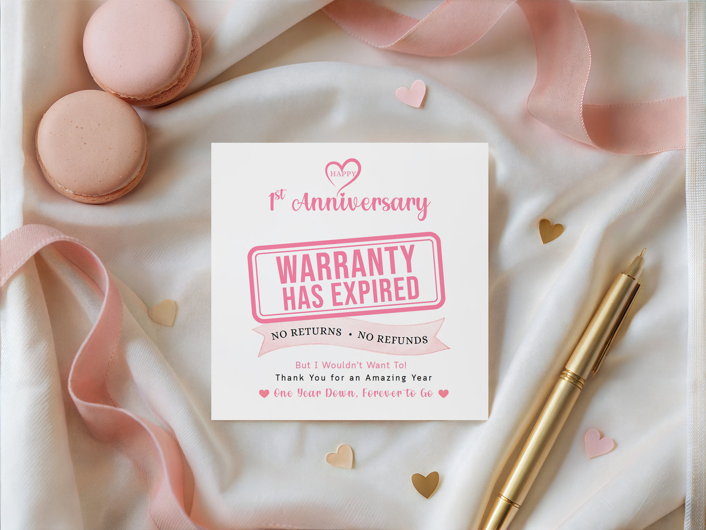Funny 1st Anniversary Card- Warranty Has Expired - First Wedding Anniversary Card – No Returns No Refunds Joke Card for Wife, Husband, Her, Him, Relationship Milestones - Pink Envelope Included