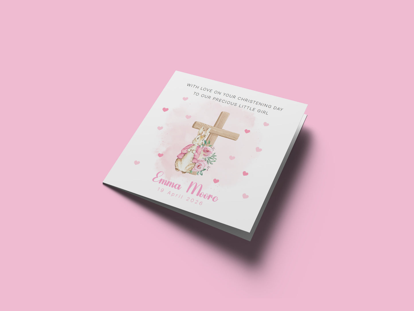 Personalised Christening Card for Girl – Custom Baptism Card with Message, Name & Date - Bunny Cross Floral Design – Baptism Card for Girls, Daughter, Granddaughter, Niece with Pink Envelope