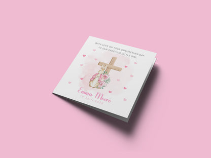 Personalised Christening Card for Girl – Custom Baptism Card with Message, Name & Date - Bunny Cross Floral Design – Baptism Card for Girls, Daughter, Granddaughter, Niece with Pink Envelope
