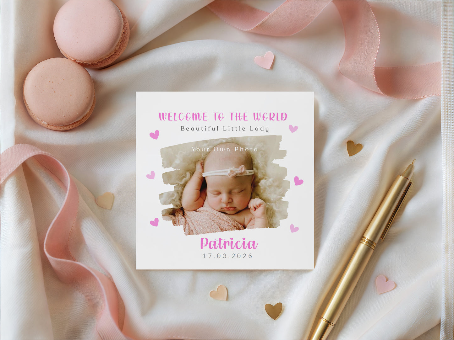 Personalised Phoro New Baby Girl Card Congratulations for Newborn Daughter, Granddaughter, Niece - Welcome To The World Card - Brush Stroke Photo Frame with Custom Name & Date - Pink Envelope Included