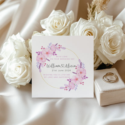 Personalised Floral Wedding Card with Custom Couple's Names & Wedding Date –  Romantic Flower Wreath Design - Wedding Congratulations Card for Newlywed couple, Him or Her - Purple Envelope Included
