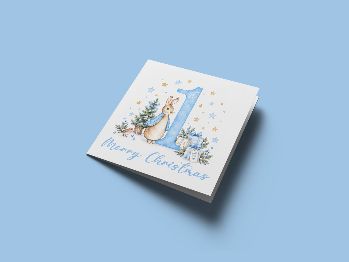 Merry Christmas Card for Baby Boys – Cute Blue Rabbit and Number 1