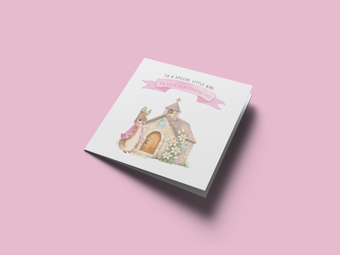 Christening Day/ Baptism Card for Girl – Cute Bunny & Church Design – To a Special Little Girl Baptism Card Christening Card for Girls, Daughter, Granddaughter, Niece with Pink Envelope