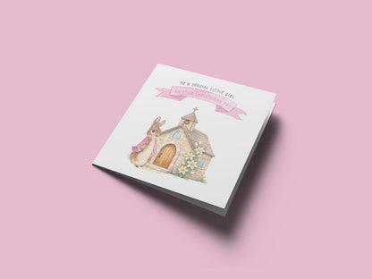 Christening Day/ Baptism Card for Girl – Cute Bunny & Church Design – To a Special Little Girl Baptism Card Christening Card for Girls, Daughter, Granddaughter, Niece with Pink Envelope