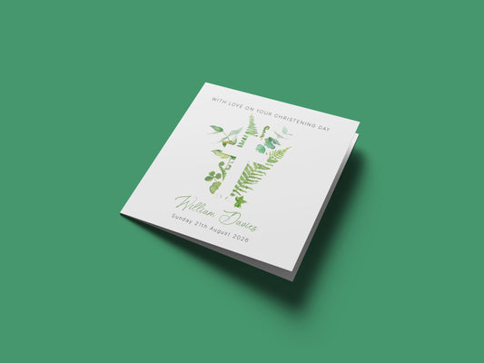 Personalised Christening Card for Boys or Girls – Green Botanical Cross Design with Custom Name and Date - Baptism Card for Son, Daughter, Grandson, Granddaughter, Nephew, Niece with Green Envelope
