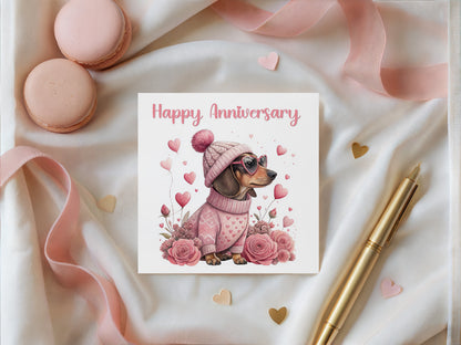 Pink Dachshund Anniversary Card - Cute Sausage Dog Design for Wedding, Dating, Relationship Milestones –1st, 2nd, 3rd, 5th, 10th, 20th - For Dog Lovers, Him, Her, Wife, Husband, Couples