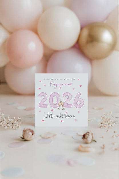 2026 Personalised Engagement Card with Custom Couple's Names – 2026 Champagne Toast Design - Congratulations Engagement Card for Newly Engaged Couples, Him or Her - Pink Envelope Included