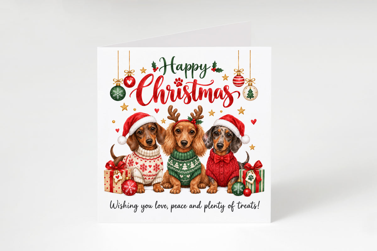 Dachshund Christmas Card for Dog Lovers – Cute Festive Sausage Dogs, Santa & Christmas Design