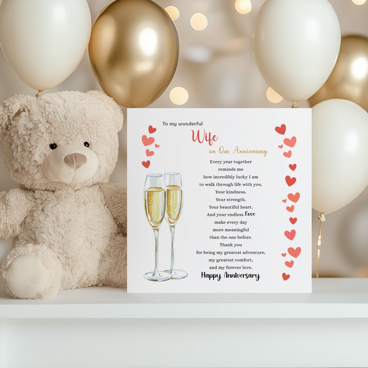 Luxury Champagne Glasses Anniversary Card for Wife - Romantic Anniversary Card for Her, Wedding, Dating, Relationship Milestones 1st, 2nd, 3rd, 5th, 10th, 20th 30th - Gold Envelope Included