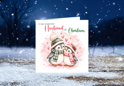 Merry Christmas Card for Husband  – Cute Penguin Couple Christmas Card
