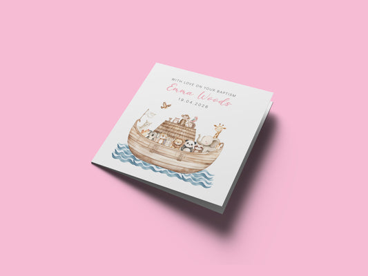 Personalised Christening Card for Girl – Custom Baptism Card with Name & Date - Noah’s Ark Design – Religious Baptism Card for Girls, Daughter, Granddaughter, Niece with Pink Envelope